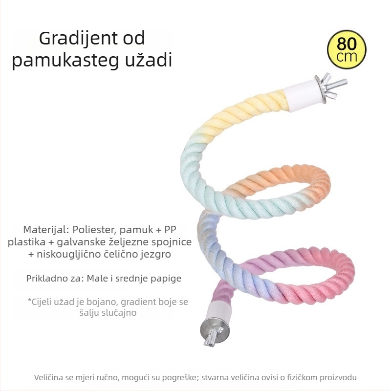 Igračka za papige: užad za penjanje s prstenom i ljuljačkom, ljestvica za grickanje i stalk; materijali: poliester-pamučno vlakno, PP plast, galvanizirani metalni dijelovi, jezgro od niskougljičnog čelika