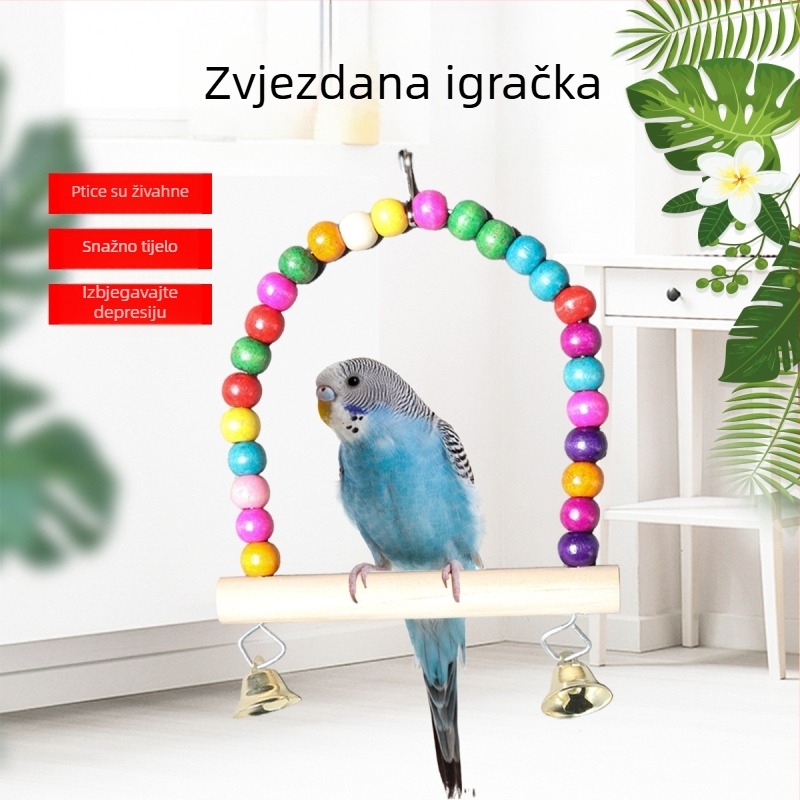 Drvena ljuljačka igračka za budgerigara s prstenom za kavez — Parrot Forest