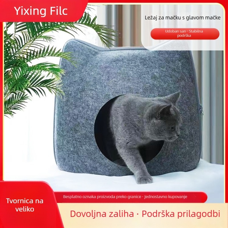 Mačje gnijezdo - poluzatvoren dizajn u obliku mačke; prozračan; pogodan za sve sezone; materijal: filc od kemijskih vlakana.