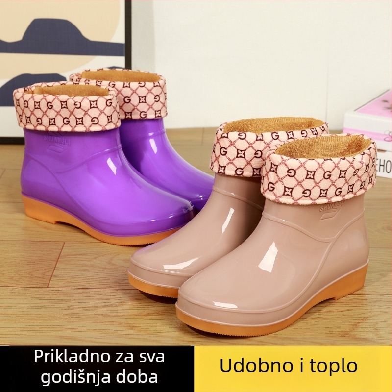 Ženske čizme za kišu s fleec unutrašnjosti, niski dio, plastični gornji dio, vodonepropusne i protuklizne, za proljeće i jesen