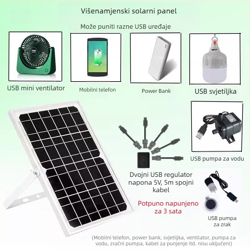 Solarni panel za vanjsku upotrebu s dvostrukim USB izlazom, regulirani izlaz 5V/12V DC za pohranu energije