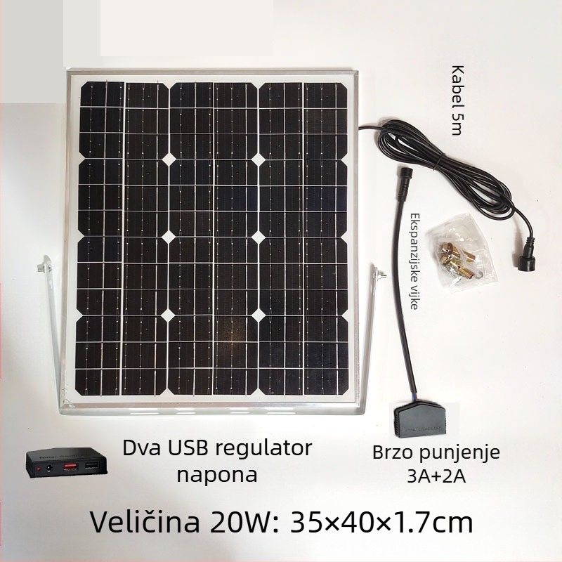 Solarni panel za vanjsku upotrebu s dvostrukim USB izlazom, regulirani izlaz 5V/12V DC za pohranu energije