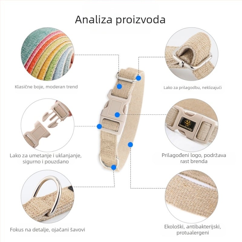 Ogrlica za psa od lana, podesiva, kopča, kaubojski stil