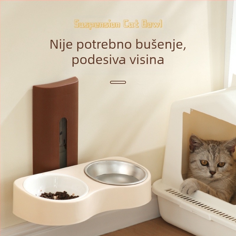 Zidni hranilnik za kućne ljubimce s dvostrukim zdjelicama, otporno na prevrnutje, plastika, automatsko hranjenje