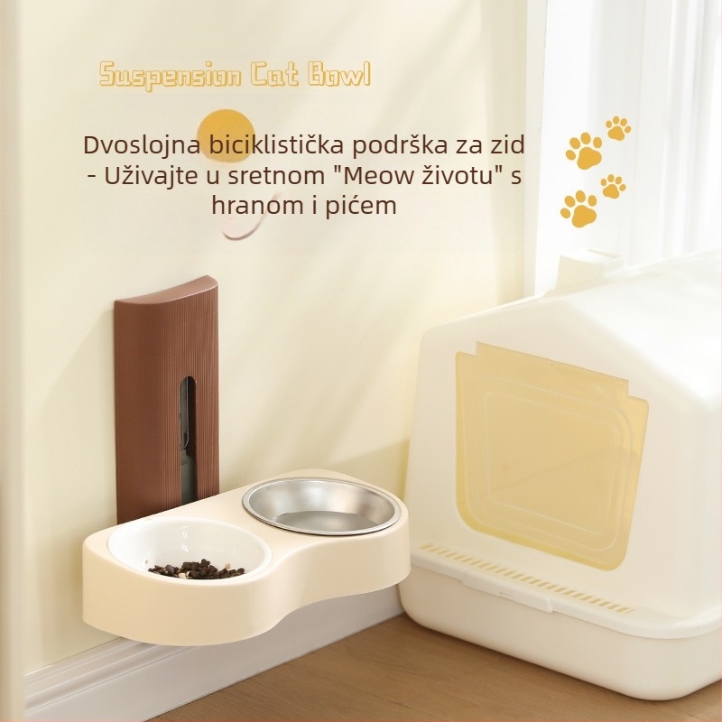 Zidni hranilnik za kućne ljubimce s dvostrukim zdjelicama, otporno na prevrnutje, plastika, automatsko hranjenje