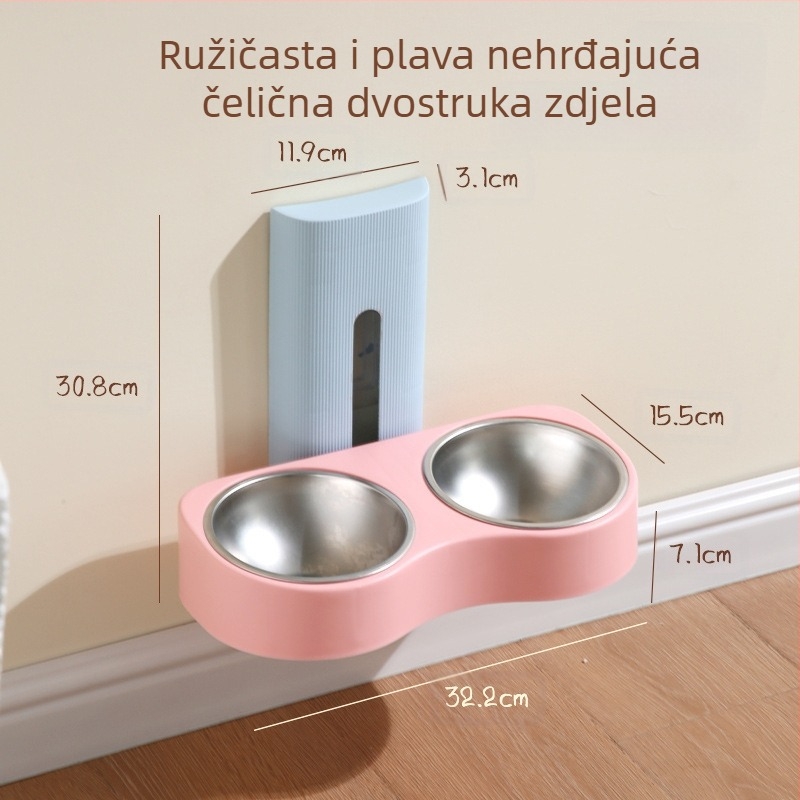 Zidni hranilnik za kućne ljubimce s dvostrukim zdjelicama, otporno na prevrnutje, plastika, automatsko hranjenje