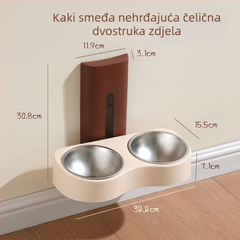 Zidni hranilnik za kućne ljubimce s dvostrukim zdjelicama, otporno na prevrnutje, plastika, automatsko hranjenje