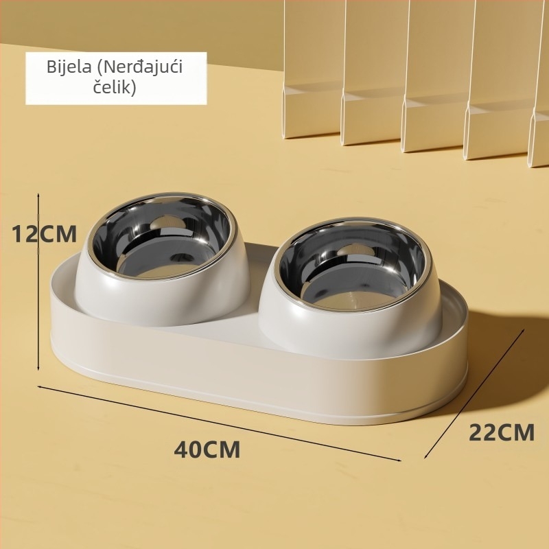 Keramička zdjela za mačke s dvostrukim zdjelama, anti-prevrtanje i nagibnim otvorom za zaštitu vrata