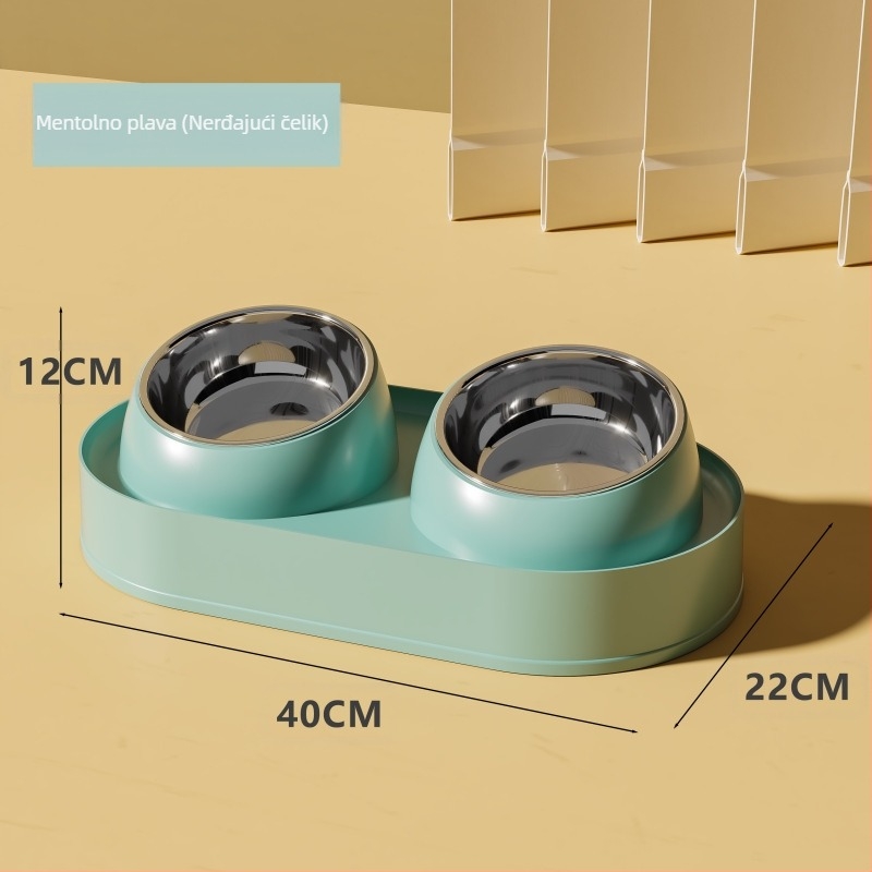 Keramička zdjela za mačke s dvostrukim zdjelama, anti-prevrtanje i nagibnim otvorom za zaštitu vrata