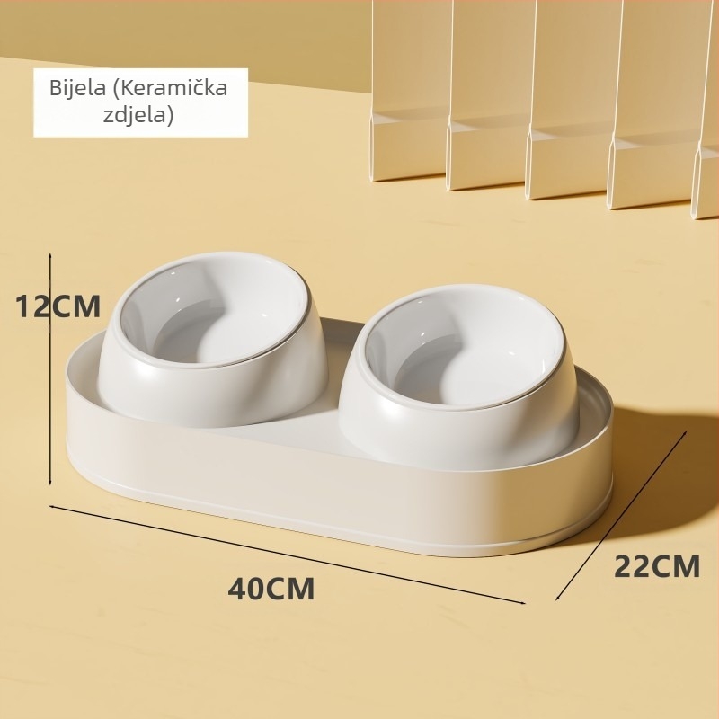 Keramička zdjela za mačke s dvostrukim zdjelama, anti-prevrtanje i nagibnim otvorom za zaštitu vrata