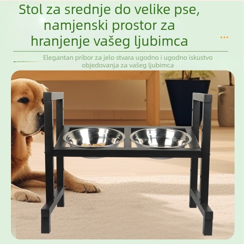 Stol za hranjenje kućnih ljubimaca s četiri razine nagiba i potporom za vrat; dvostruka zdjela od nehrđajućeg čelika za pse od malih do velikih veličina