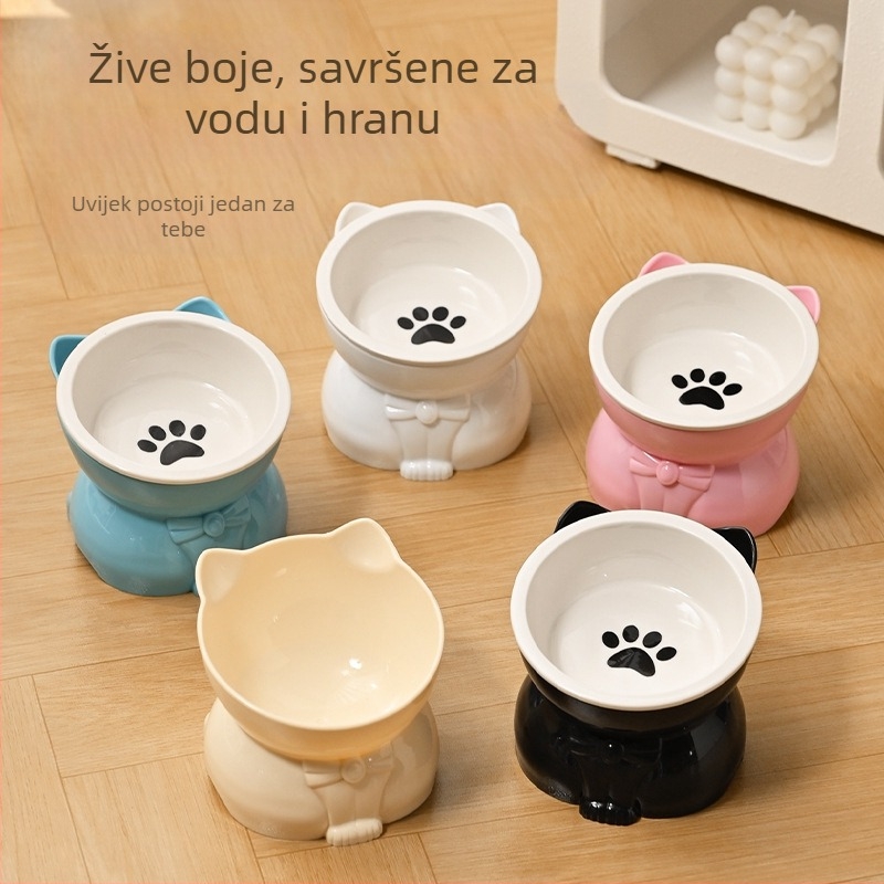 Posuda za mačku za hranu i vodu – keramika i plast, nagnuti otvor, visoko postolje, pogodna za mačke
