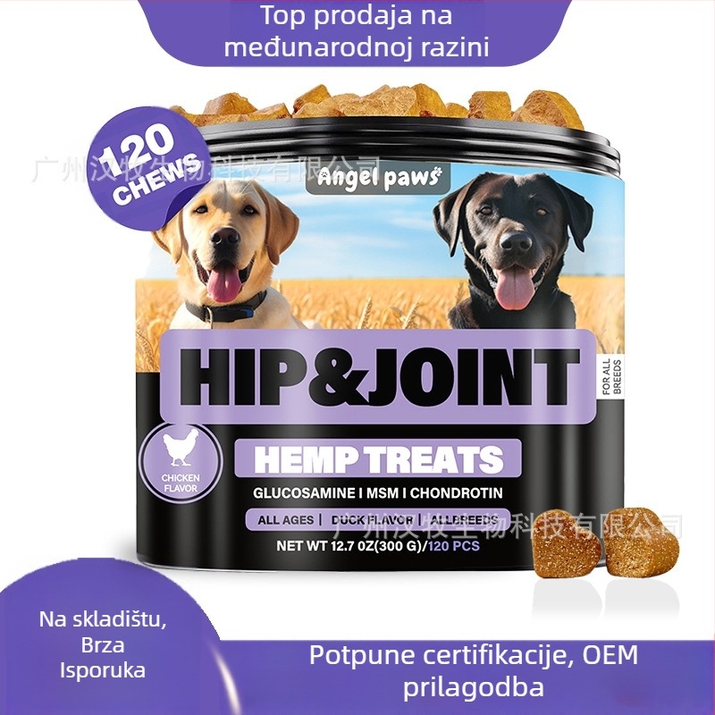 Angel Paws Psi tablete za zglobove i kukove za žvakanje – 50 tableta u kutiji, 300 g, certifikati FDA COA GMP ISO9001 HACCP