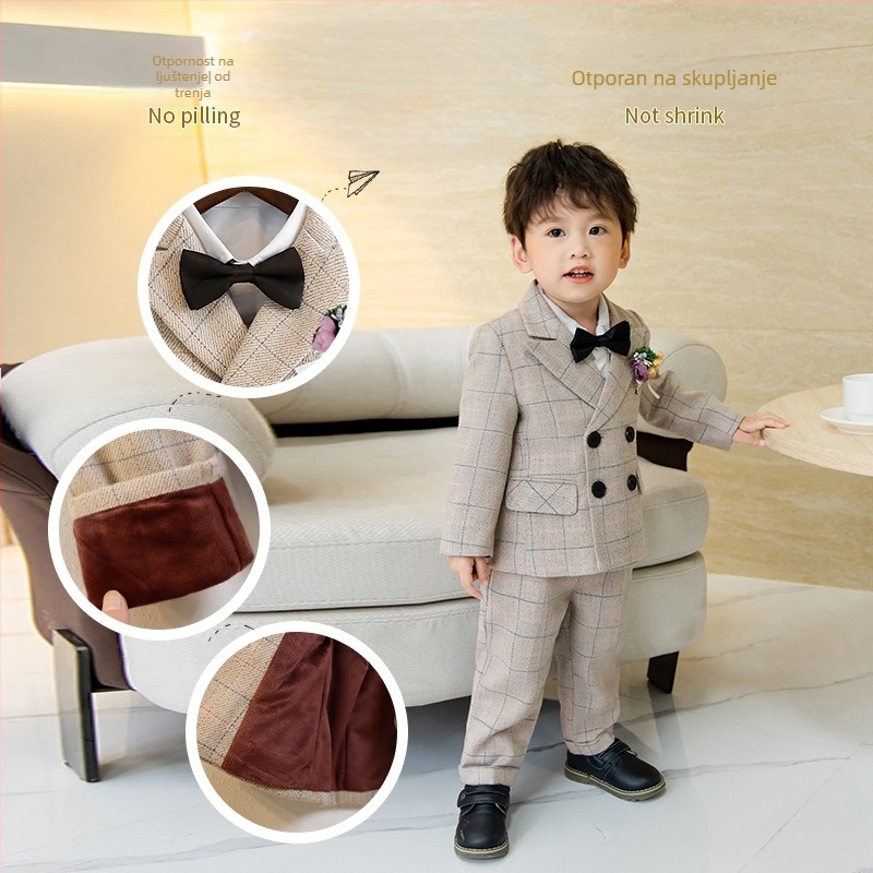 Dječje dvodijelno odijelo u jesenskom britanskom stilu s kariranim uzorkom, za uzrast 1–3 godine, V-izrez, dugi rukavi, kopčanje u dva reda