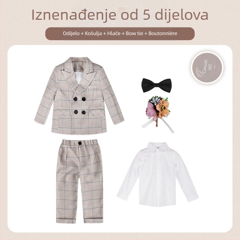 Dječje dvodijelno odijelo u jesenskom britanskom stilu s kariranim uzorkom, za uzrast 1–3 godine, V-izrez, dugi rukavi, kopčanje u dva reda