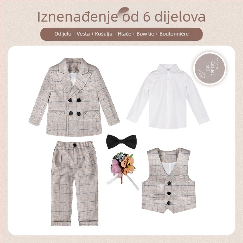 Dječje dvodijelno odijelo u jesenskom britanskom stilu s kariranim uzorkom, za uzrast 1–3 godine, V-izrez, dugi rukavi, kopčanje u dva reda