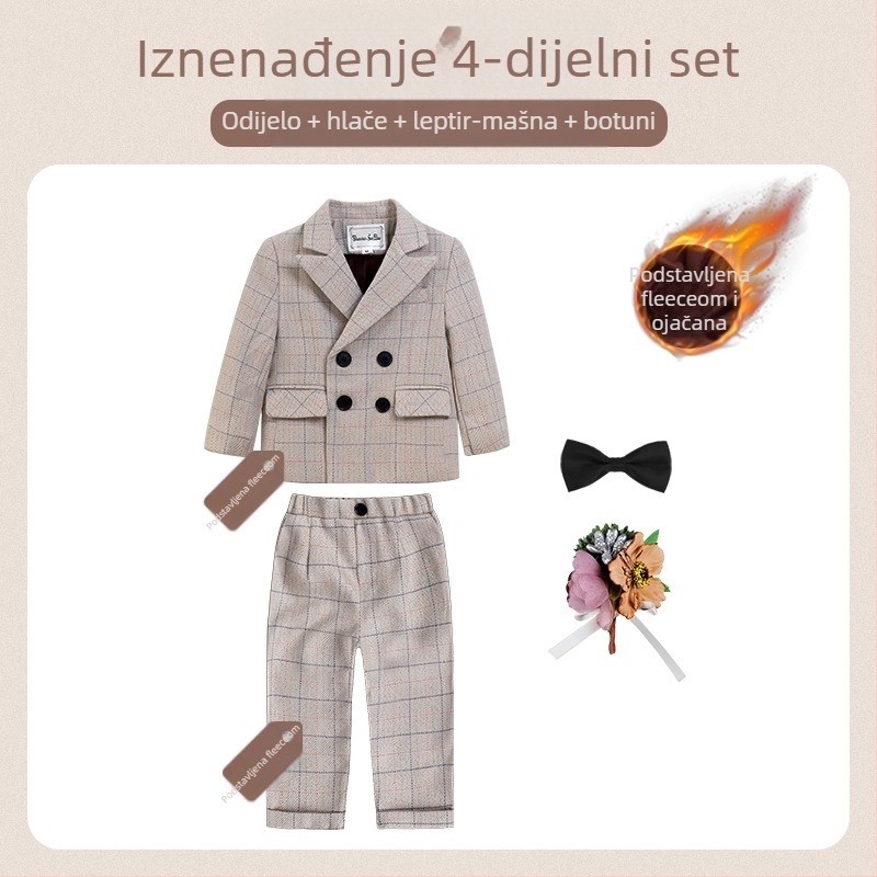 Dječje dvodijelno odijelo u jesenskom britanskom stilu s kariranim uzorkom, za uzrast 1–3 godine, V-izrez, dugi rukavi, kopčanje u dva reda