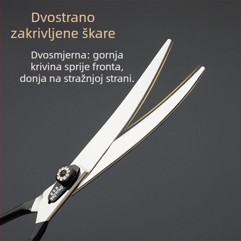 Set škare za njegu ljubimaca, cijeli od čelika, oštrice zakrivljene prema gore i dolje, za šišanje pseće dlake