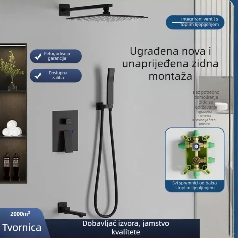 Zidni skriveni tuš set, bakarna konstrukcija, kvadratni kišni tuš, kontrola temperature, model zs-anz