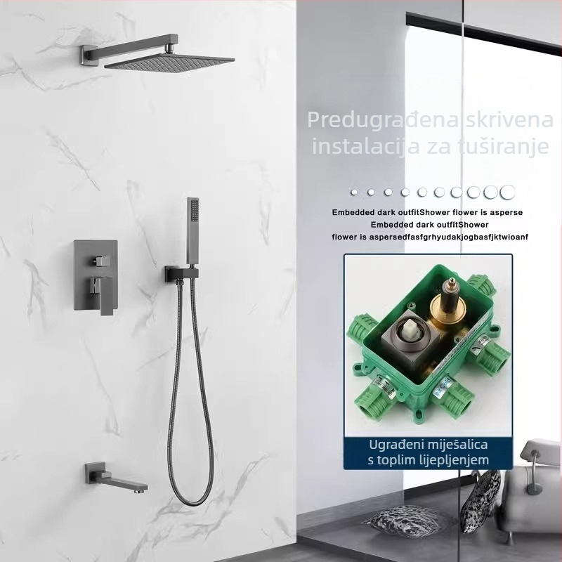 Zidni skriveni tuš set, bakarna konstrukcija, kvadratni kišni tuš, kontrola temperature, model zs-anz
