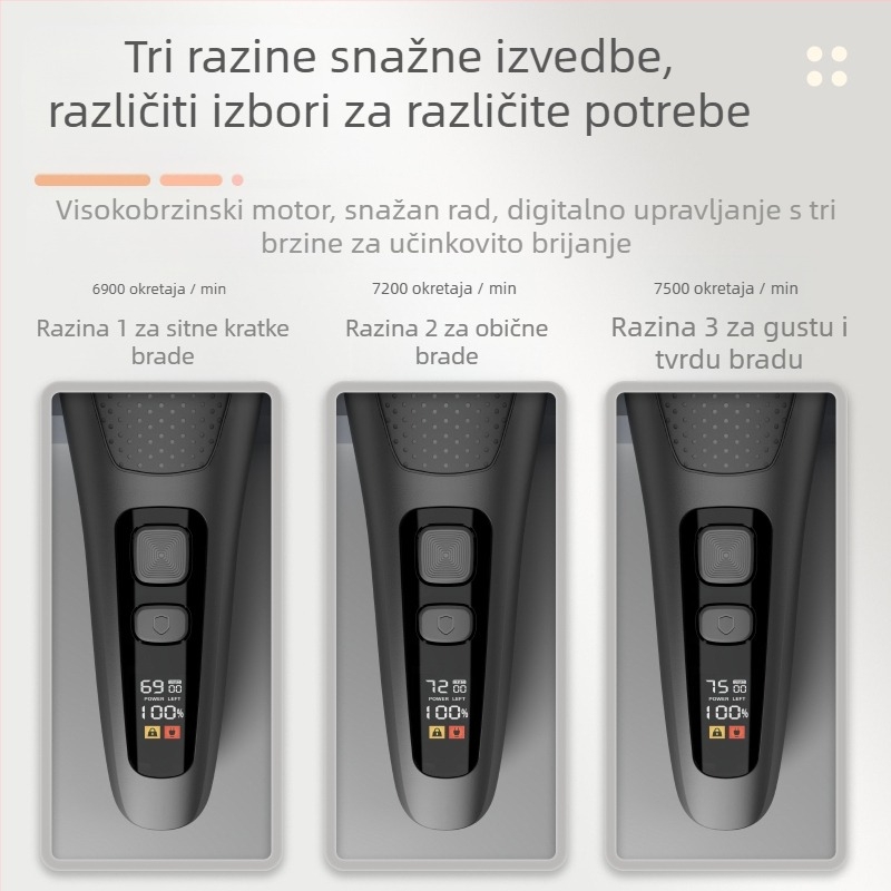 Električni brijač s recipročnom glavom od 3 oštrice, ugrađena baterija 500-800 mAh, trajanje baterije do 120 minuta, digitalni LED zaslon, cijelo kućište se može oprati