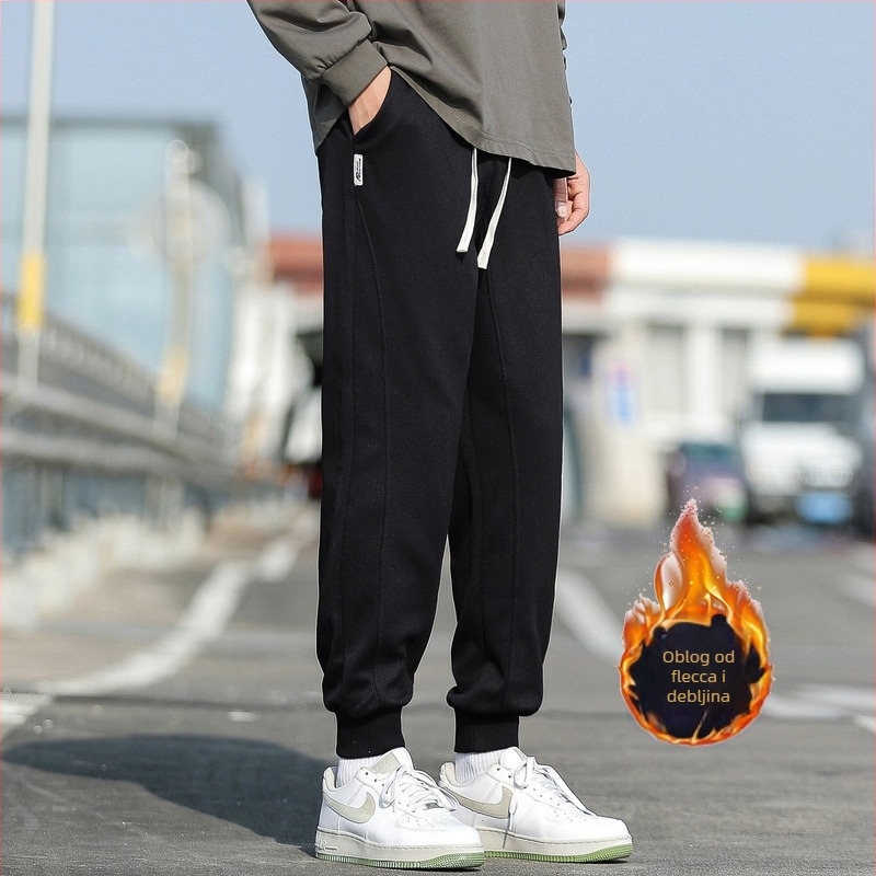 Muške trenirke s fleeceom za zimsku toplinu, opuštenog kroja, srednji pojas, stil Hongkong vjetar, smjesa sintetičkih vlakana