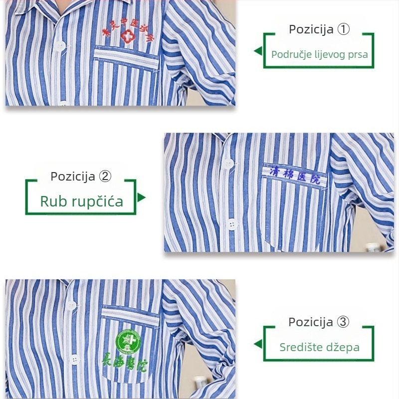 Bolnička haljina za pacijente, pamuk, unisex, dugi rukavi, ovratnik stila odijela, upija vlagu