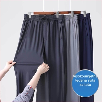 Ljetne muške casual hlače od ice-silk, brzo se suše, ravnog kroja, s visokim elastičnim pojasom, za muškarce srednje dobi i starije