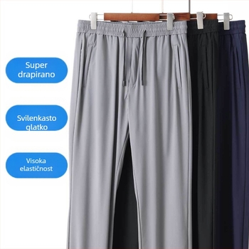 Ljetne muške casual hlače od ice-silk, brzo se suše, ravnog kroja, s visokim elastičnim pojasom, za muškarce srednje dobi i starije