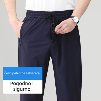 Ljetne muške casual hlače od ice-silk, brzo se suše, ravnog kroja, s visokim elastičnim pojasom, za muškarce srednje dobi i starije