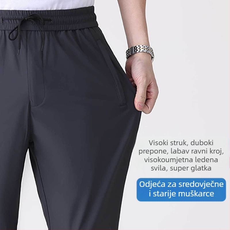 Ljetne muške casual hlače od ice-silk, brzo se suše, ravnog kroja, s visokim elastičnim pojasom, za muškarce srednje dobi i starije