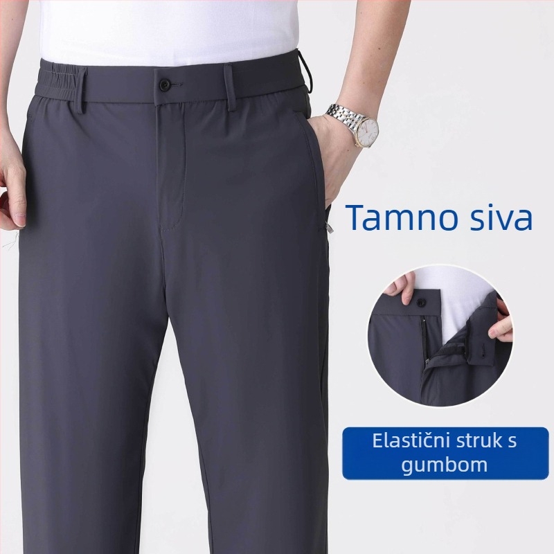 Ljetne muške casual hlače od ice-silk, brzo se suše, ravnog kroja, s visokim elastičnim pojasom, za muškarce srednje dobi i starije