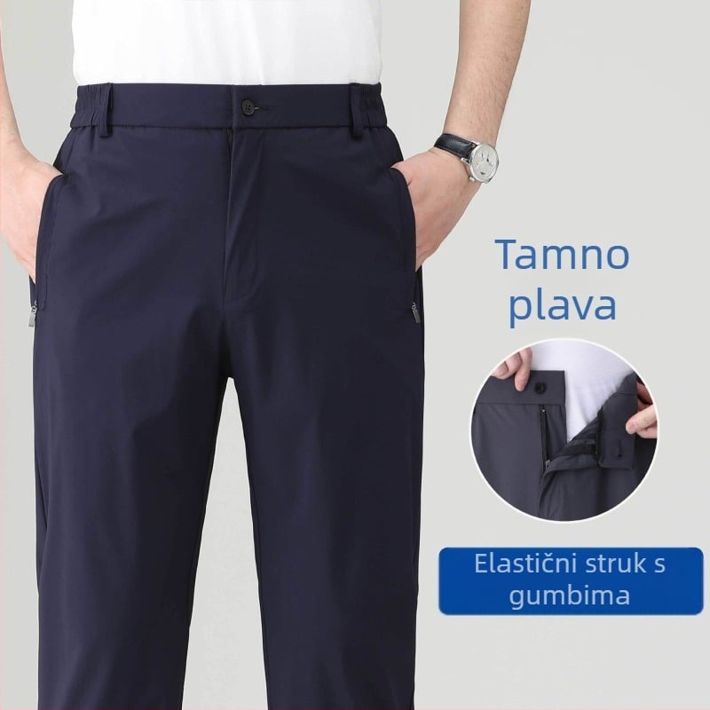 Ljetne muške casual hlače od ice-silk, brzo se suše, ravnog kroja, s visokim elastičnim pojasom, za muškarce srednje dobi i starije