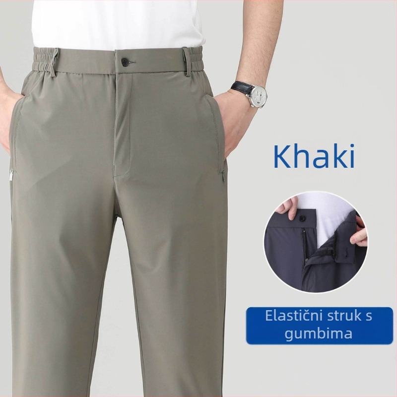 Ljetne muške casual hlače od ice-silk, brzo se suše, ravnog kroja, s visokim elastičnim pojasom, za muškarce srednje dobi i starije