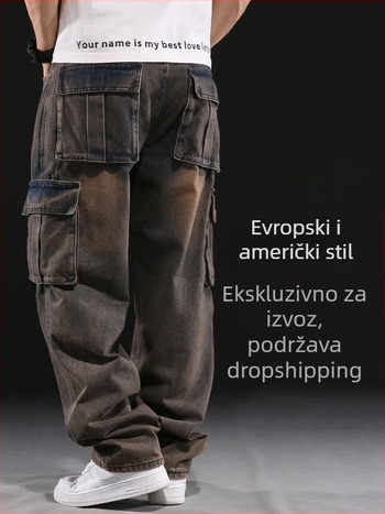 Muške traperice s višestrukim džepovima, široke nogavice, srednje visine struka, pamuk denim, zatvarač
