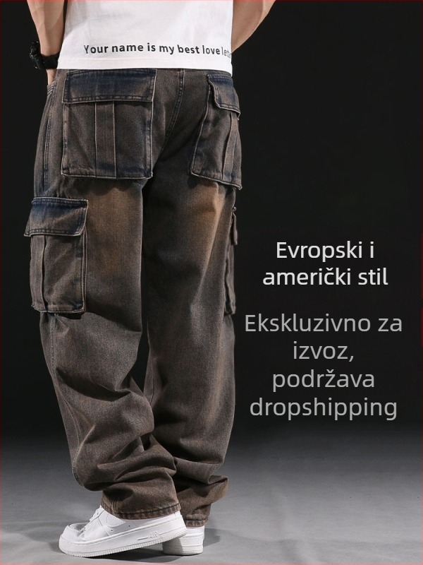 Muške traperice s višestrukim džepovima, široke nogavice, srednje visine struka, pamuk denim, zatvarač