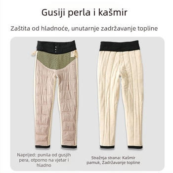 Ženske hlače s guščjim perjem, podstavljene flisom, zimske, visok struk, uski kroj, poliester s spandexom