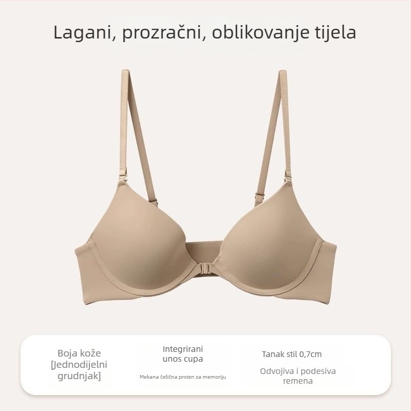 Push-Up grudnjak s prednjim zatvaračem, čeličnim prstenom, 3/4 tanke oblikovane košarice, uklonjive dvostruke naramenice, nevidljivi stražnji dio, najlon