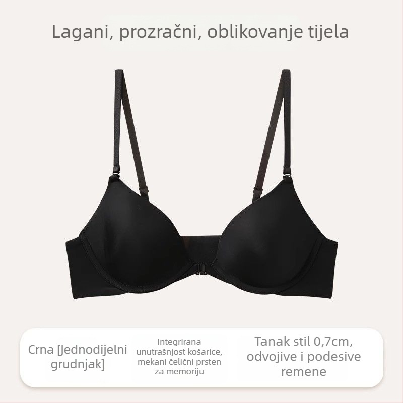 Push-Up grudnjak s prednjim zatvaračem, čeličnim prstenom, 3/4 tanke oblikovane košarice, uklonjive dvostruke naramenice, nevidljivi stražnji dio, najlon