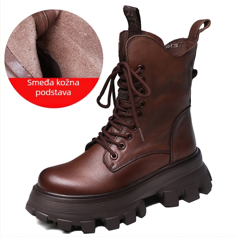 Ženske Martin čizme od kože prvog sloja, đon od pjene gume, visok pet 6–8 cm, bočni zatvarač, zaobljeni vrh, britanski stil, zima i jesen