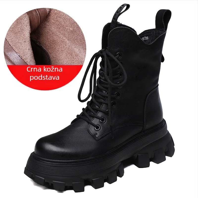 Ženske Martin čizme od kože prvog sloja, đon od pjene gume, visok pet 6–8 cm, bočni zatvarač, zaobljeni vrh, britanski stil, zima i jesen