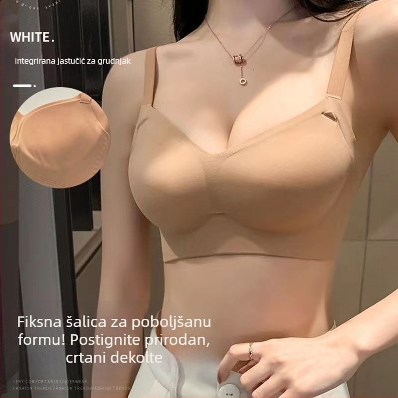 Grudnjak bez žice, oblikovane košarice s tankim gornjim dijelom i debelim donjim dijelom; glavni materijal najlon, podstava spandex; fiksne dvostruke naramenice; stražnje zatvaranje s tri reda kopči