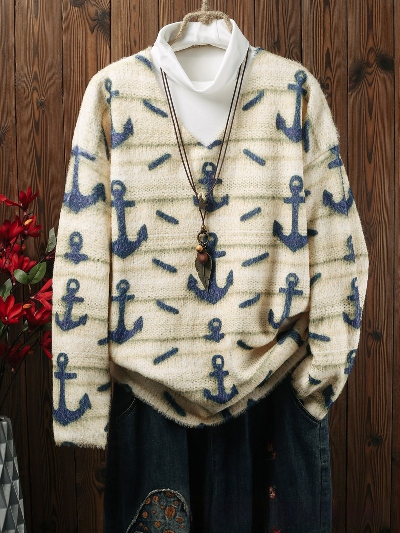 Ženski pulover od poliestera s jacquardom, slobodan kroj, V-izrez, japansko-korejski casual stil, jesen-zima 2024