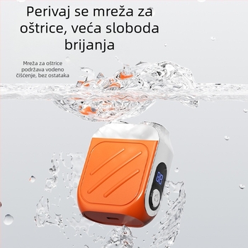Električni brijač s rotirajućom glavom i dvostrukim oštricama, motor bez četkica, ugrađena baterija 500–800 mAh, do 40 minuta rada, punjivi, periva glava