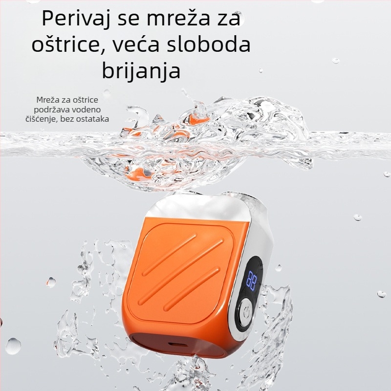 Električni brijač s rotirajućom glavom i dvostrukim oštricama, motor bez četkica, ugrađena baterija 500–800 mAh, do 40 minuta rada, punjivi, periva glava