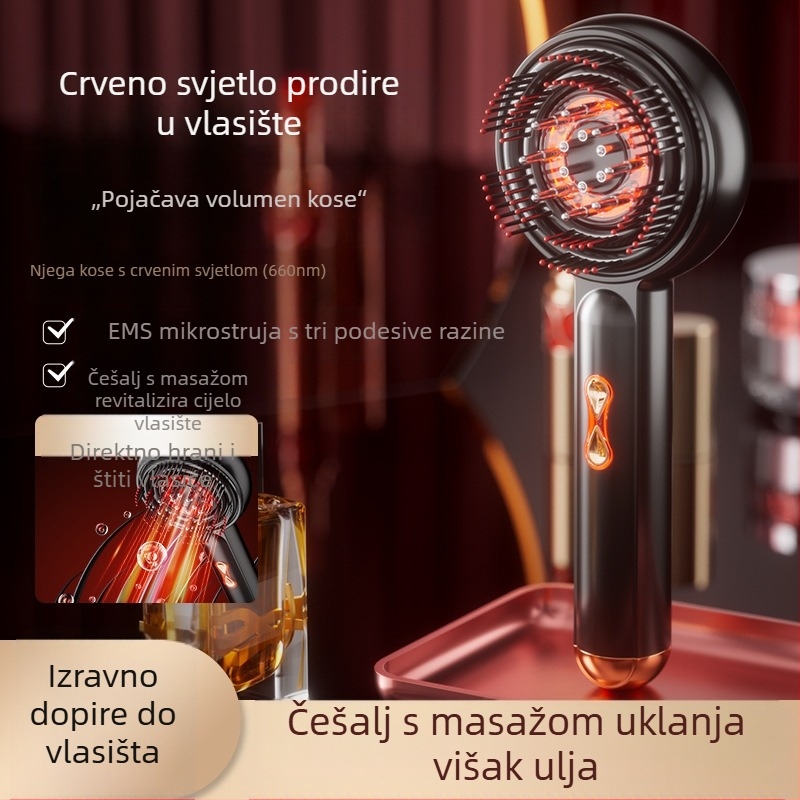 EMS mikrostrujni električni masažni češalj s mediciranim eteričnim uljem i crvenim svjetlom za vlasište – višenamjenski uređaj za njegu kose