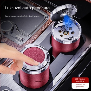 Auto pepeljara s kožnim aluminijskim unutarnjim dijelom, LED noćno svjetlo, 3D metalni izgled, prekidač na pritisak, oko 200 g, za automobil i kućnu upotrebu
