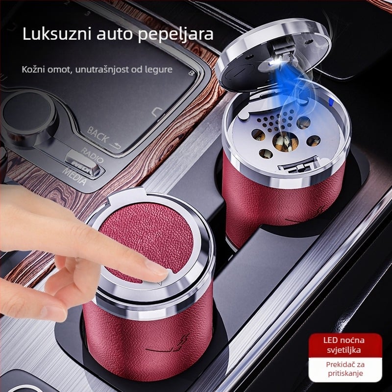 Auto pepeljara s kožnim aluminijskim unutarnjim dijelom, LED noćno svjetlo, 3D metalni izgled, prekidač na pritisak, oko 200 g, za automobil i kućnu upotrebu