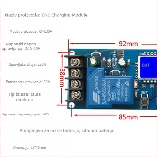 XY-L30A Modul za upravljanje napajanjem baterije s digitalnom zaštitom od prepunjenja, 6-60V