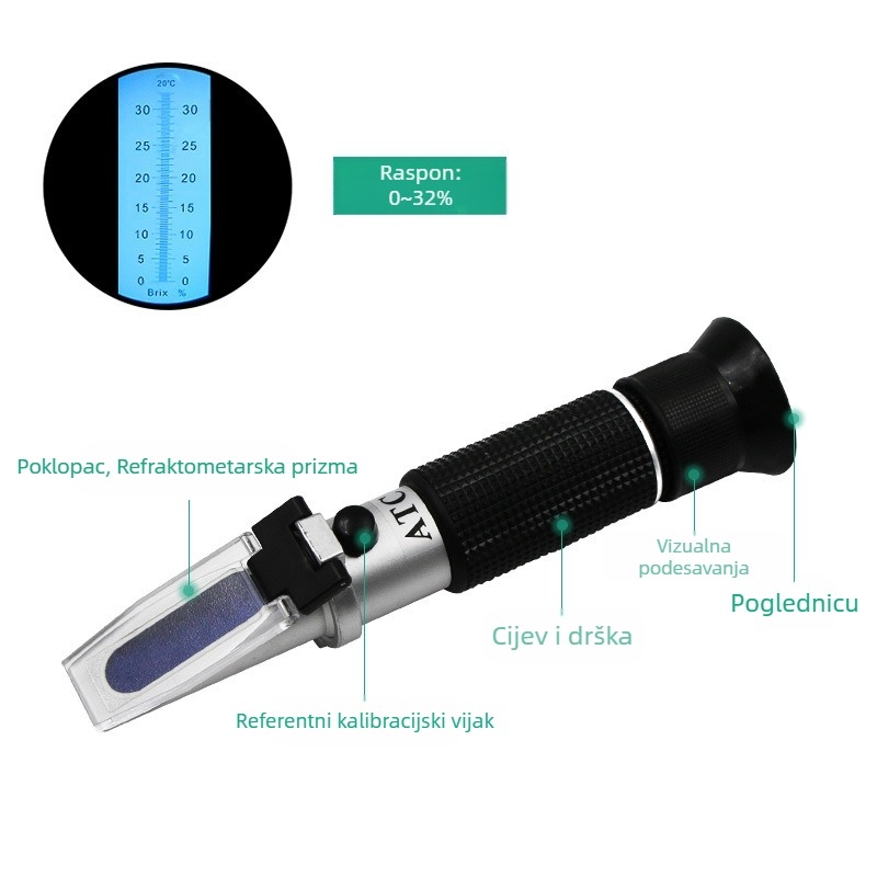 TDJ-032 Prism refraktometar, raspon 0-32, mreža 0,2, težina 250 g, za mjerenje sadržaja šećera u medu i napitcima